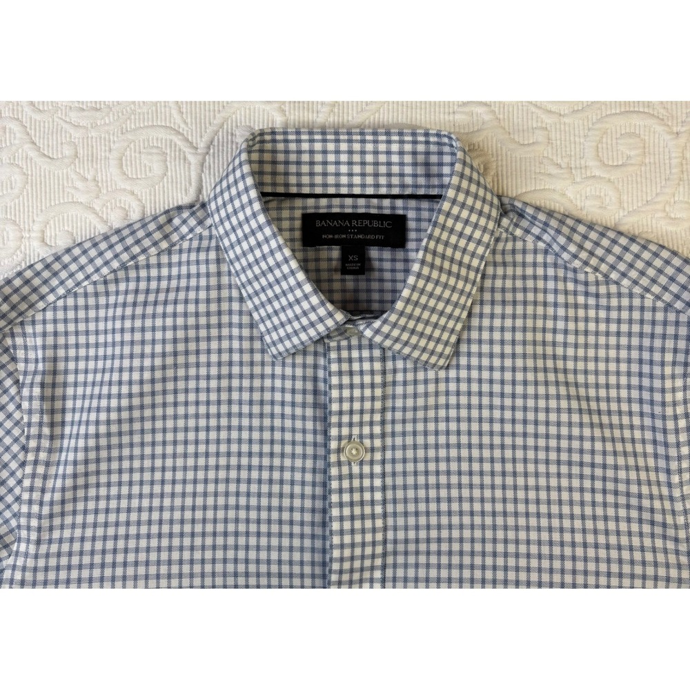 Banana Republic Men XS No-Iron Standard Fit Dress Shirt Blue White Gingham Check - Picture 2 of 7